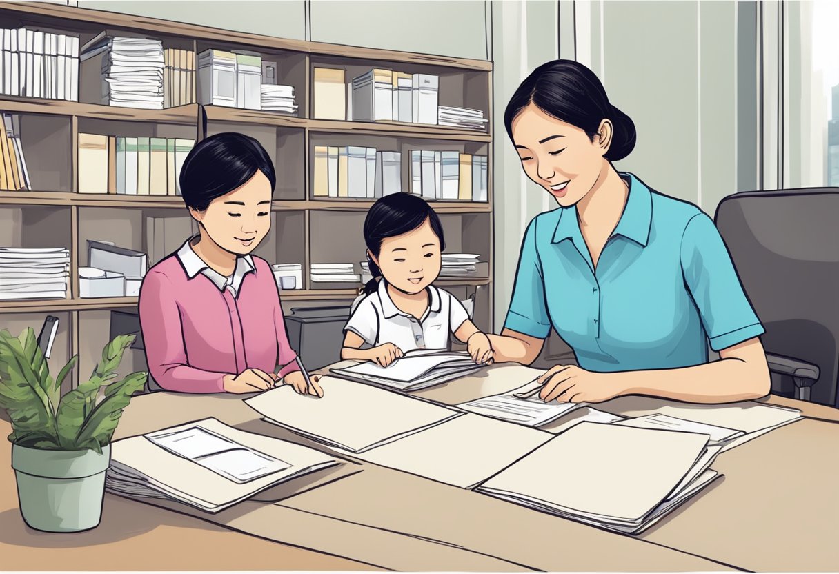 A mother submitting documents for child care leave at a government office in Singapore