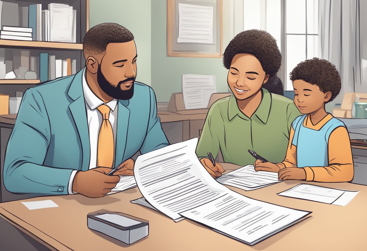 A parent submits child care leave form to HR, discussing duration and coverage, while colleagues offer support and understanding