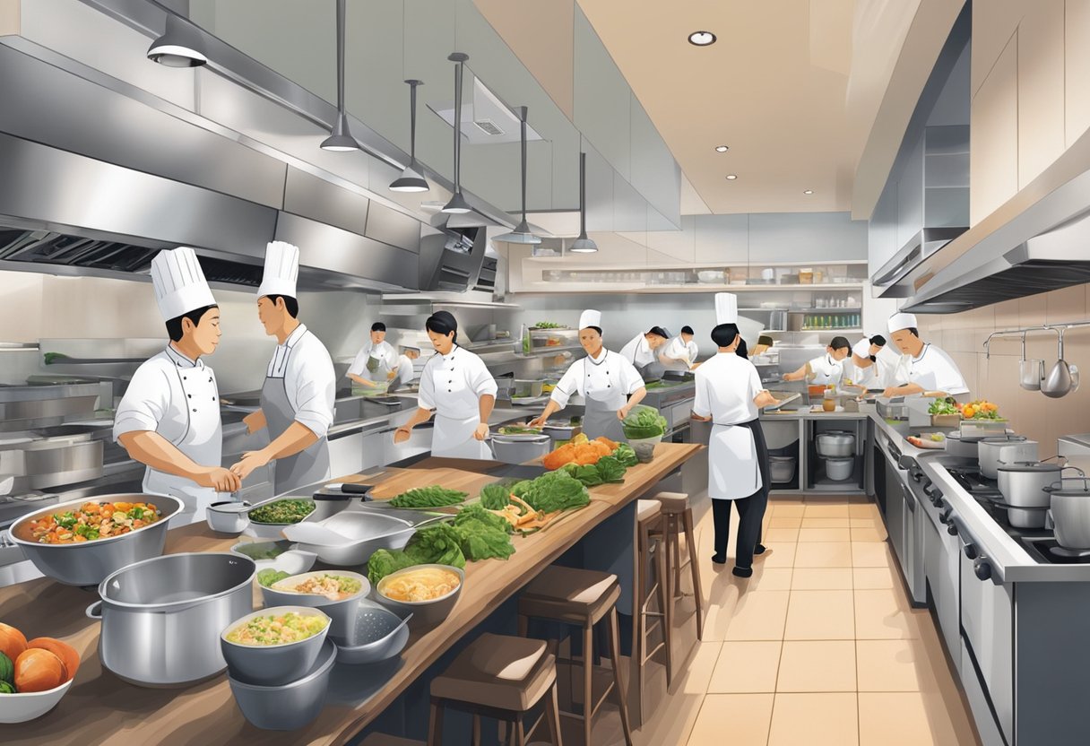 The bustling kitchen of Cedele Singapore, with chefs preparing fresh ingredients and plating dishes, while servers efficiently attend to customers in the cozy dining area