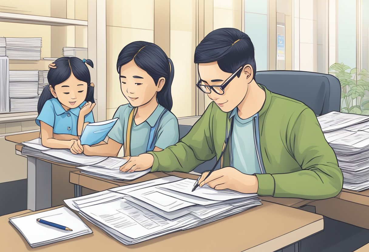 A parent submitting child care leave forms at a Singaporean government office