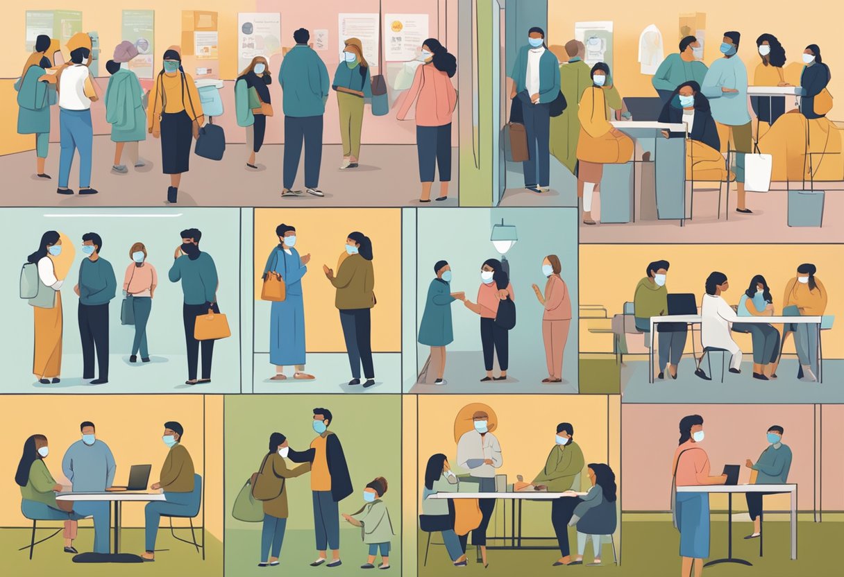 People wearing masks in public spaces, signs displaying mask rules, and individuals adjusting to new norms in daily life