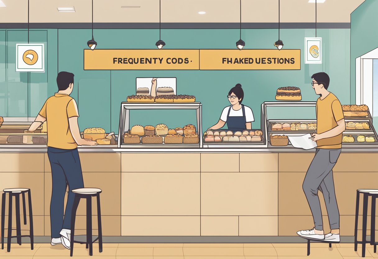 Customers browsing through a display of baked goods at Cedele Singapore, with a prominent "Frequently Asked Questions" sign in the background