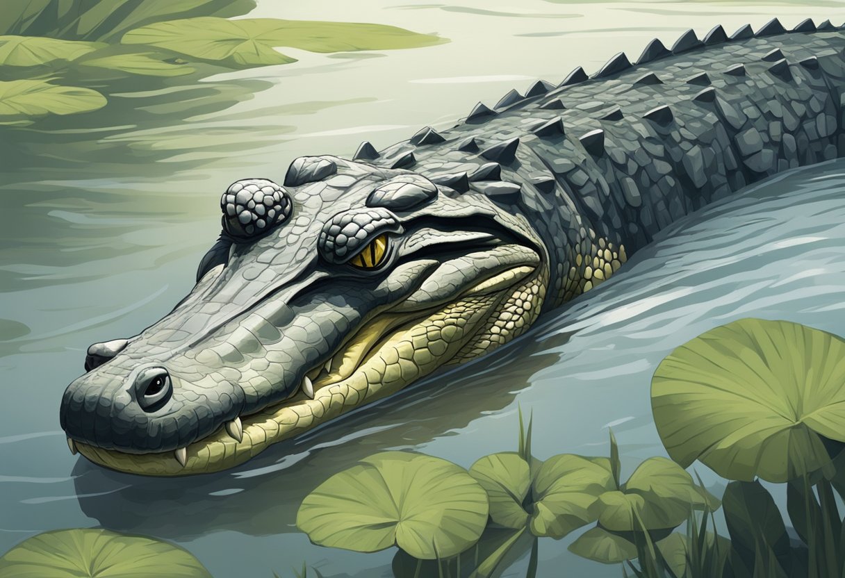 A crocodile lurking in the murky waters of a Singaporean river, its scaly body partially submerged as it waits for its next prey