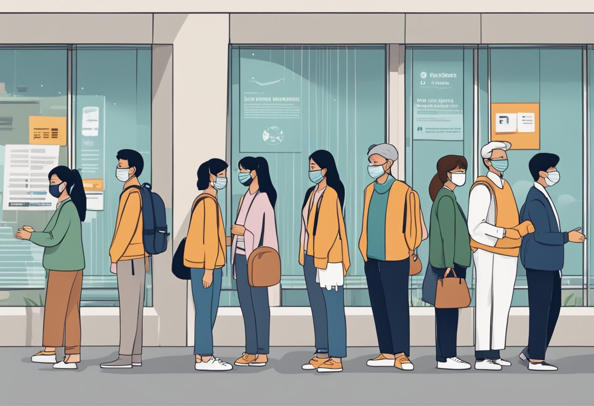 People line up outside a building, wearing masks. Signs display rules for mask-wearing in Singapore