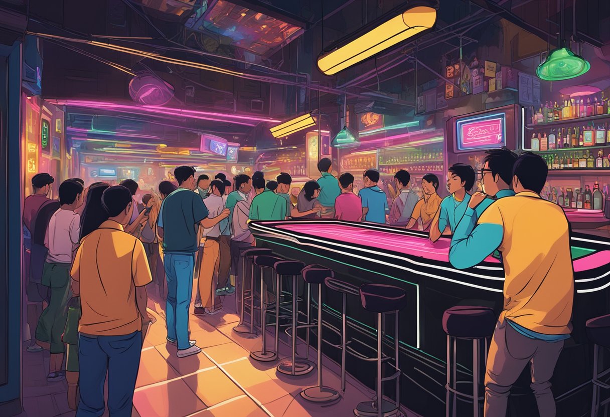 A dartboard hangs on a wall, surrounded by neon lights and a bustling crowd in a dimly lit Singaporean bar