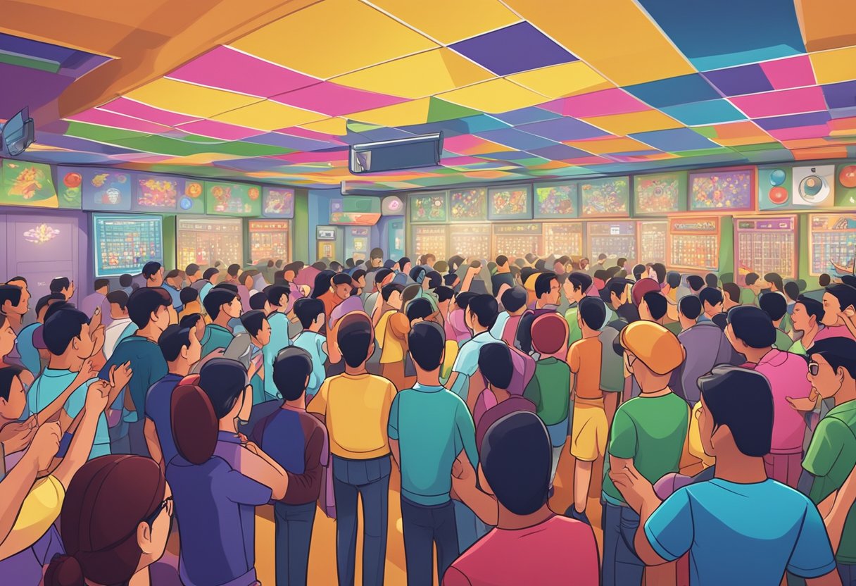 A crowded dart venue in Singapore with players aiming at the board, surrounded by cheering spectators and colorful dart boards