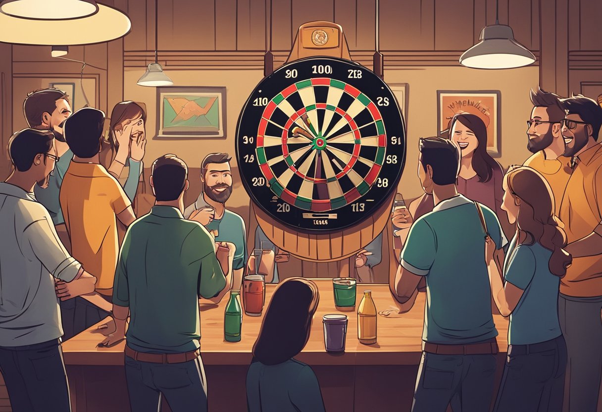 A group of people gather around a dartboard, taking turns throwing darts and cheering on their friends. The atmosphere is lively and social, with drinks and snacks on the side