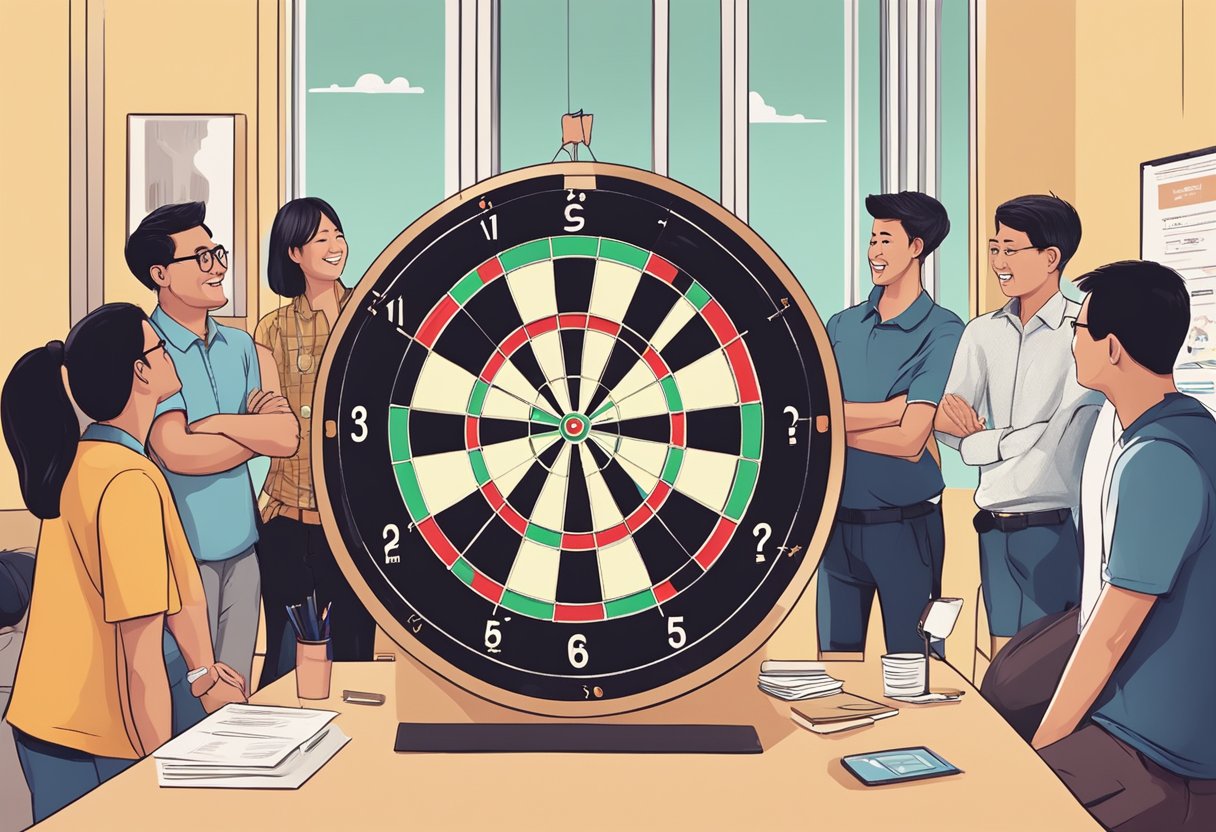A group of people gather around a dartboard in Singapore, asking questions and engaging in lively conversation