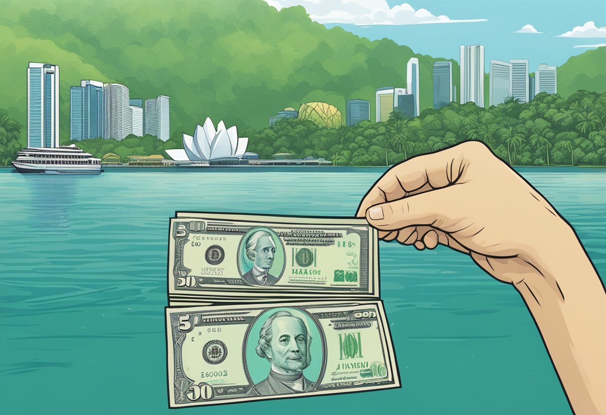 A hand reaches across the water, exchanging Singapore dollars for Malaysian ringgit. The iconic skyline of Singapore looms in the background, while the lush greenery of Malaysia is visible on the other side