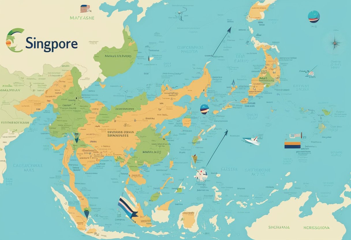 A map of Singapore and Malaysia with arrows showing currency exchange rates