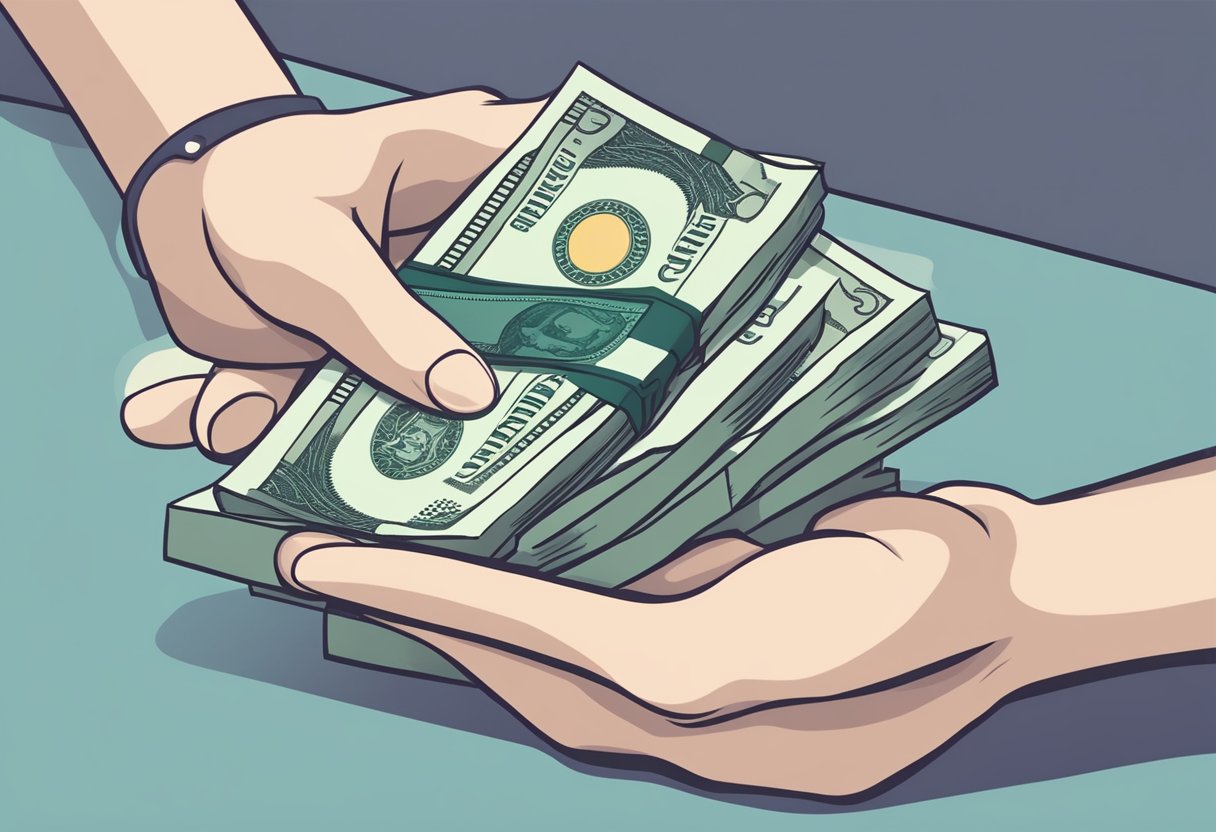 A hand holding a stack of Singapore dollars transferring to Malaysian ringgit through a digital money transfer service