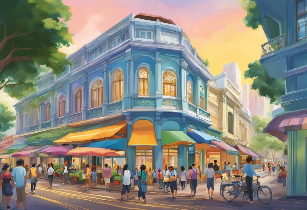 Sophia Road Peace Centre, Singapore. Vibrant street scene with colorful buildings, bustling shops, and diverse pedestrians