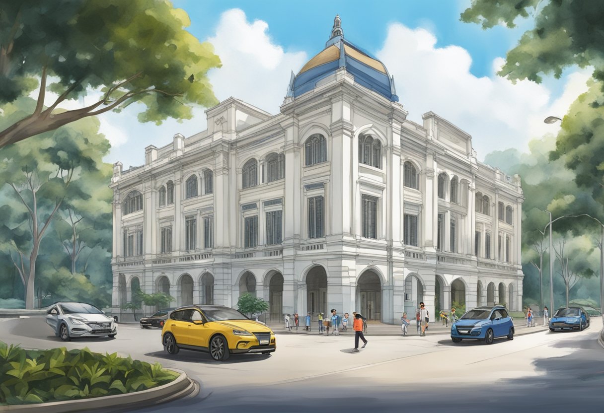 The historical significance of Sophia Road Peace Centre in Singapore is depicted through its iconic architecture and surrounding urban landscape