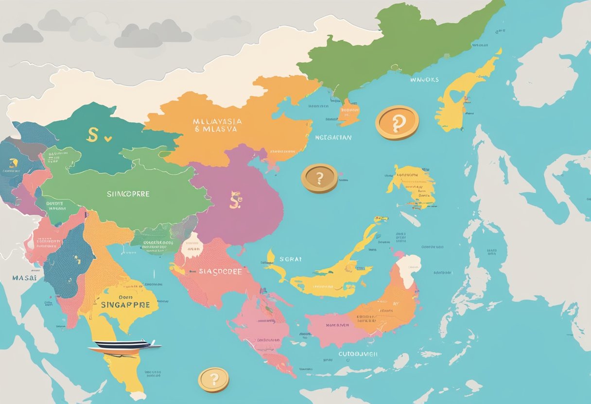 A map of Singapore and Malaysia with currency symbols and a question mark hovering between the two countries