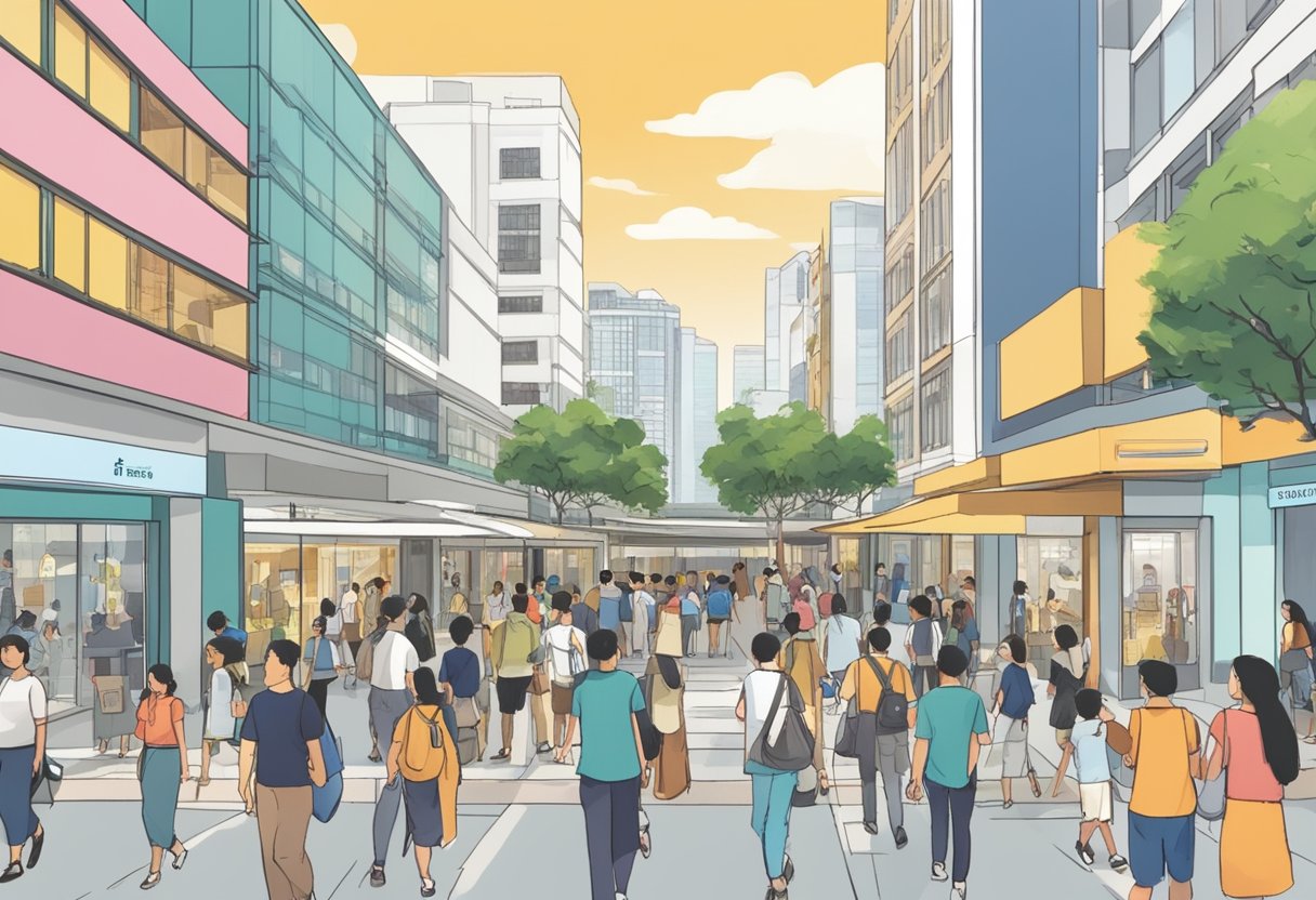 A bustling street in Singapore's Sophia Road Peace Centre, with people entering and exiting, and a sign prominently displaying "Frequently Asked Questions"