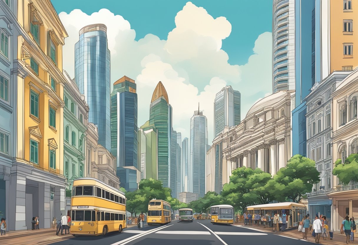 A bustling street with colonial-era buildings and modern skyscrapers in the background, showcasing the diverse architecture of Singapore