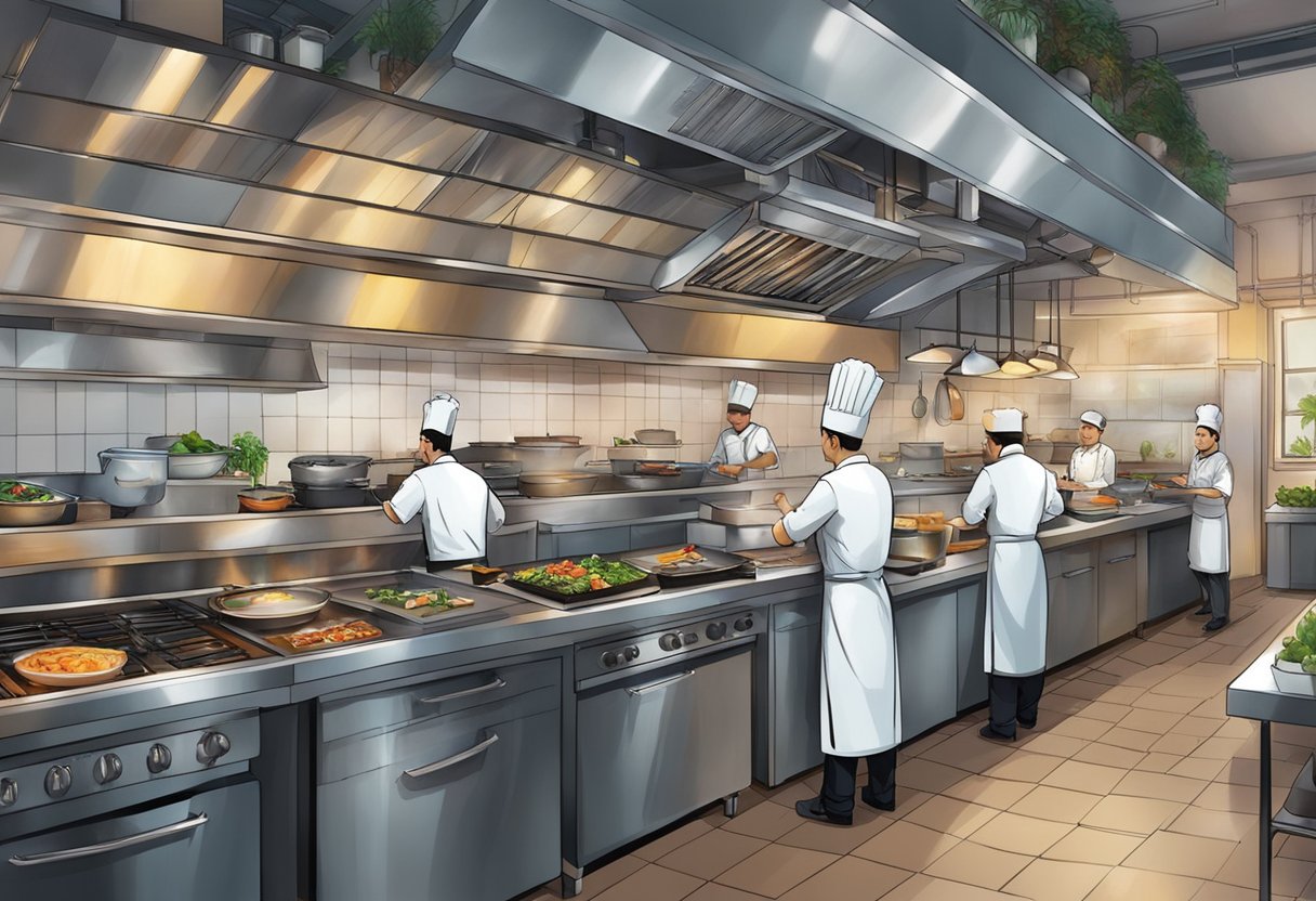 The bustling kitchen of The Boiler Singapore, with chefs preparing a variety of culinary delights amidst the sizzle and aroma of cooking