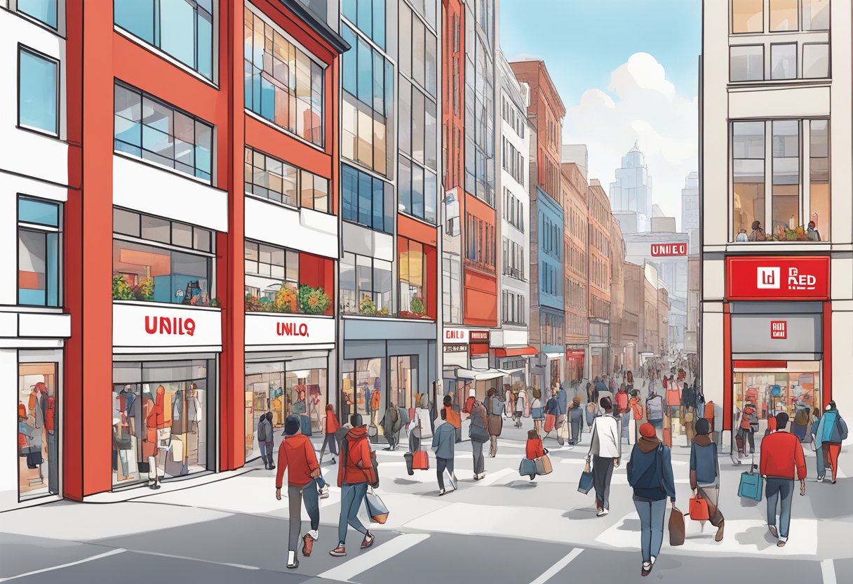 A bustling street with colorful storefronts, featuring the iconic red and white logo of Uniqlo. Shoppers enter and exit the modern, sleek outlets