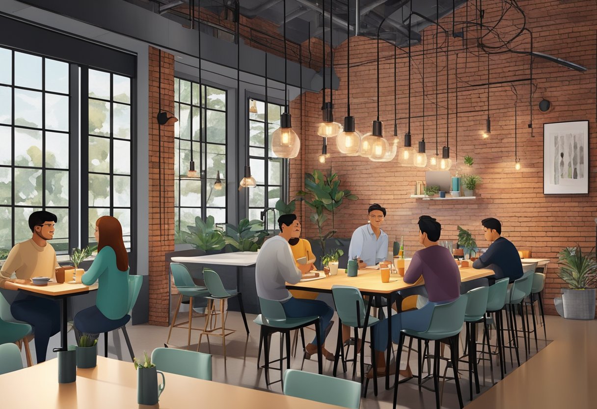 Customers dining and chatting in a modern industrial setting with exposed brick walls and hanging pendant lights at The Boiler, Singapore