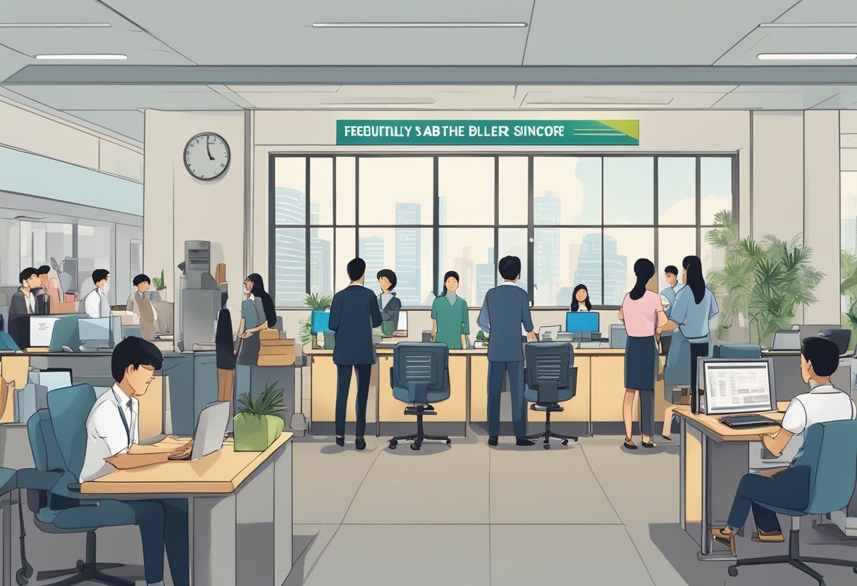 A busy office with people lining up at a help desk, while a sign above reads "Frequently Asked Questions about the boiler Singapore."