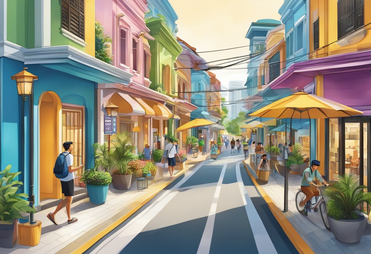 The bustling streets of Cosentino Singapore, with colorful buildings and vibrant signs, create a lively and dynamic urban scene