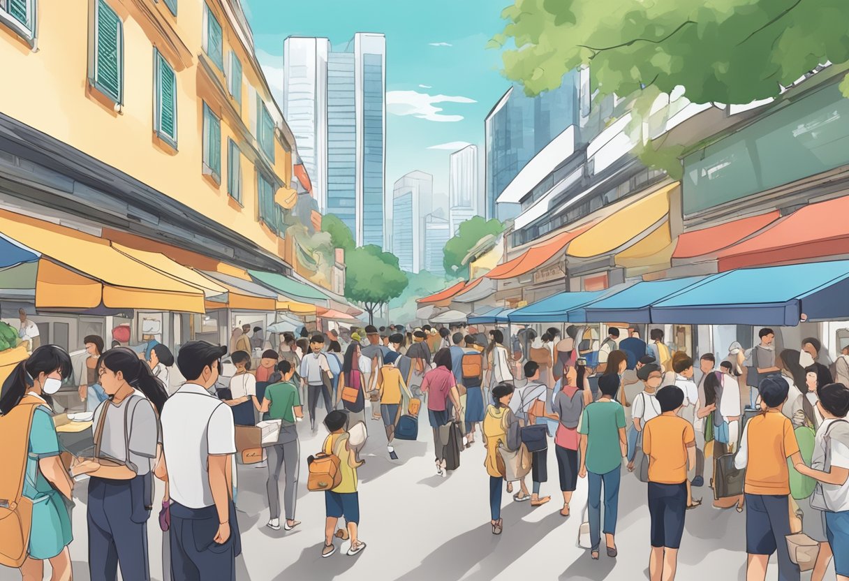 A crowded street with people eagerly grabbing freebies in Singapore. Tables and booths display various promotional items