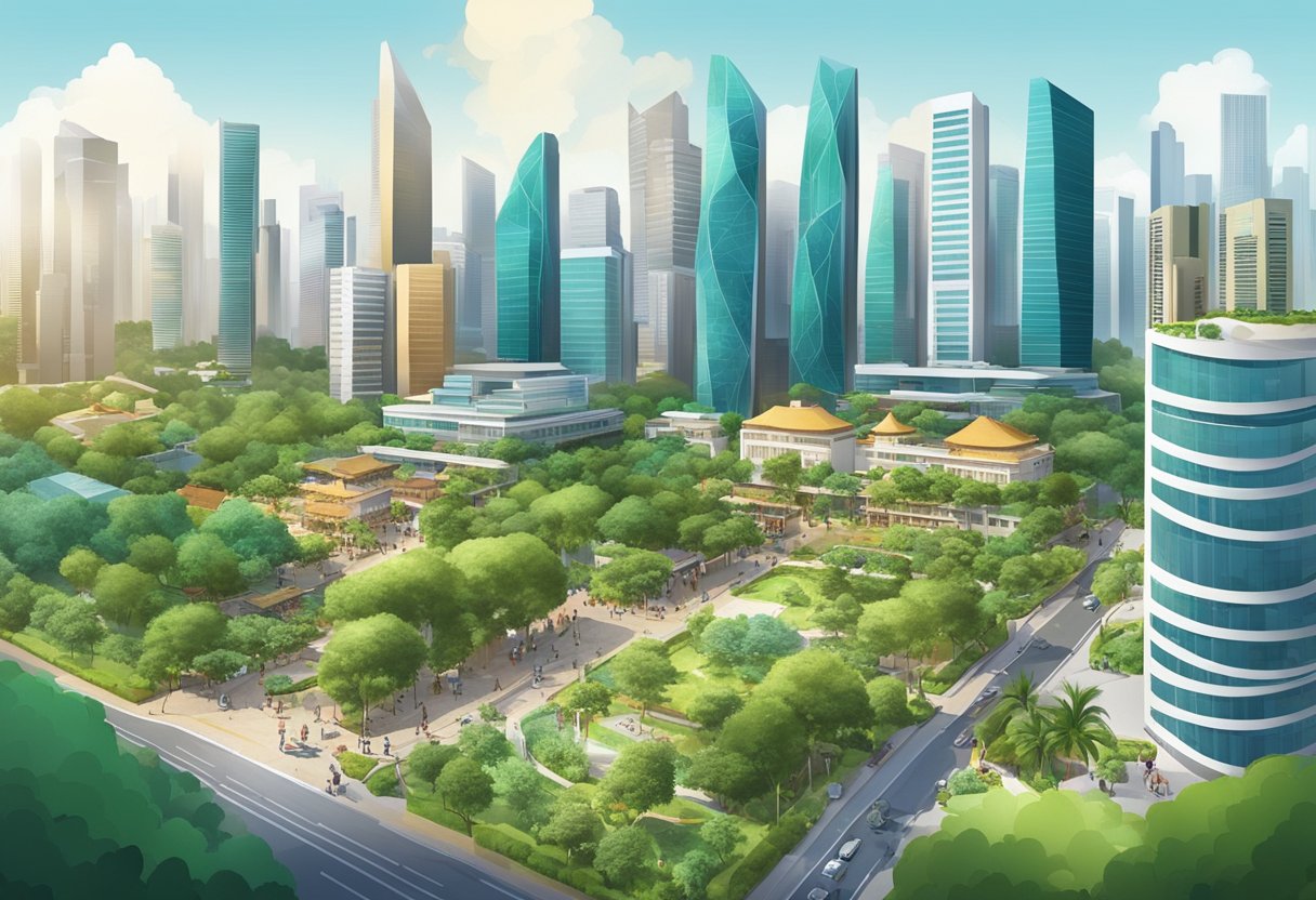 A bustling cityscape with modern skyscrapers, vibrant street markets, and lush green parks in Cosentino City, Singapore