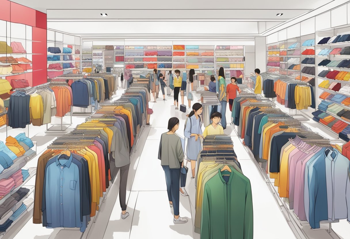 A bustling Uniqlo outlet in Singapore, with colorful displays and busy shoppers browsing racks of clothing