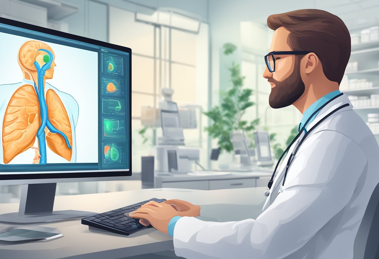 A gastroenterologist in a white lab coat and stethoscope examines a computer screen displaying a patient's digestive system scan