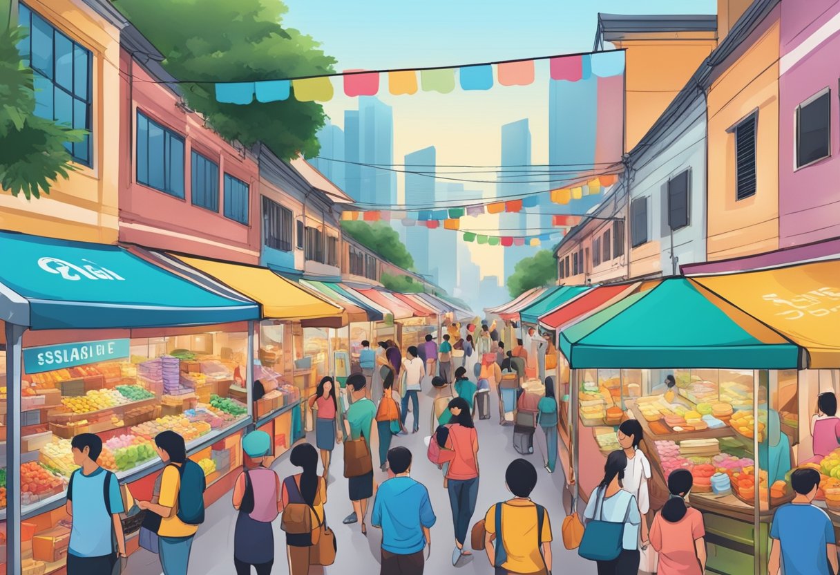 A bustling Singapore market with colorful stalls offering freebies. Shoppers eagerly browse and sample products, while vendors promote their best deals