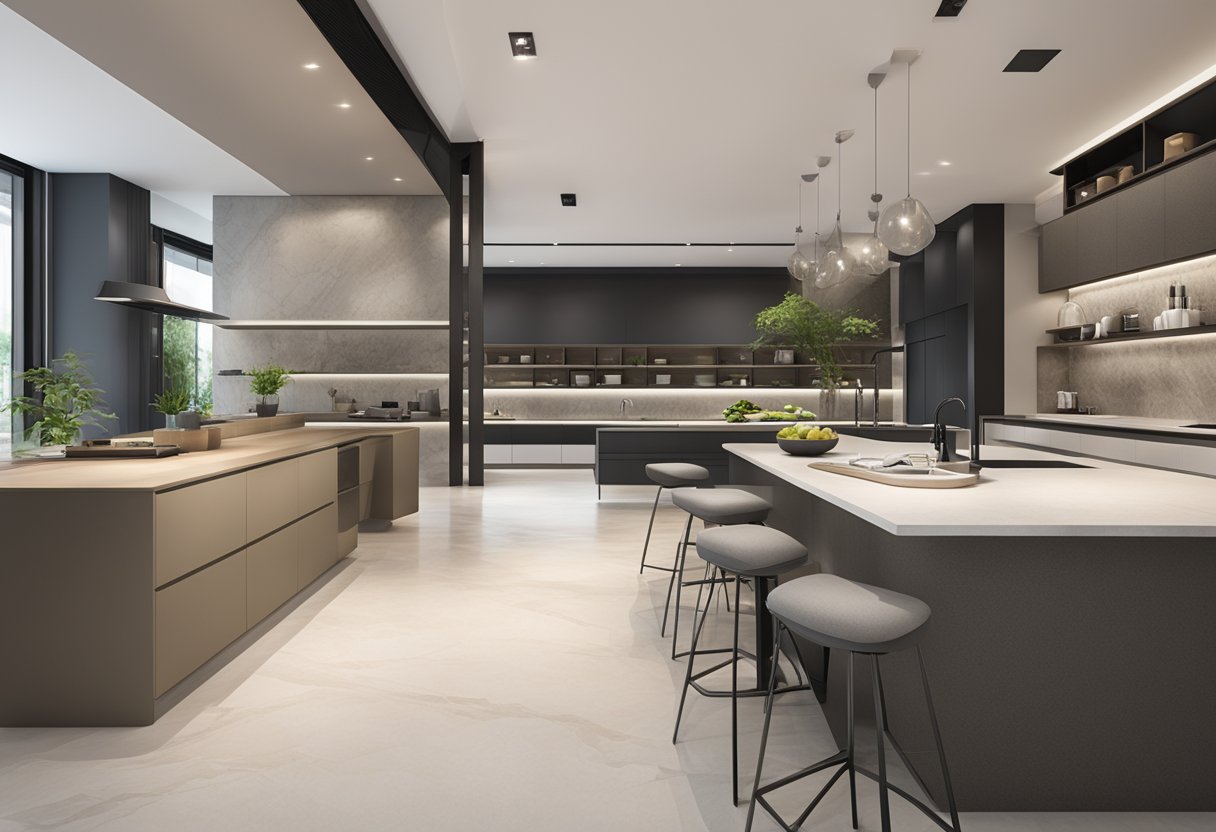 A modern showroom with sleek countertops and vibrant displays, showcasing Cosentino's innovative offerings in Singapore