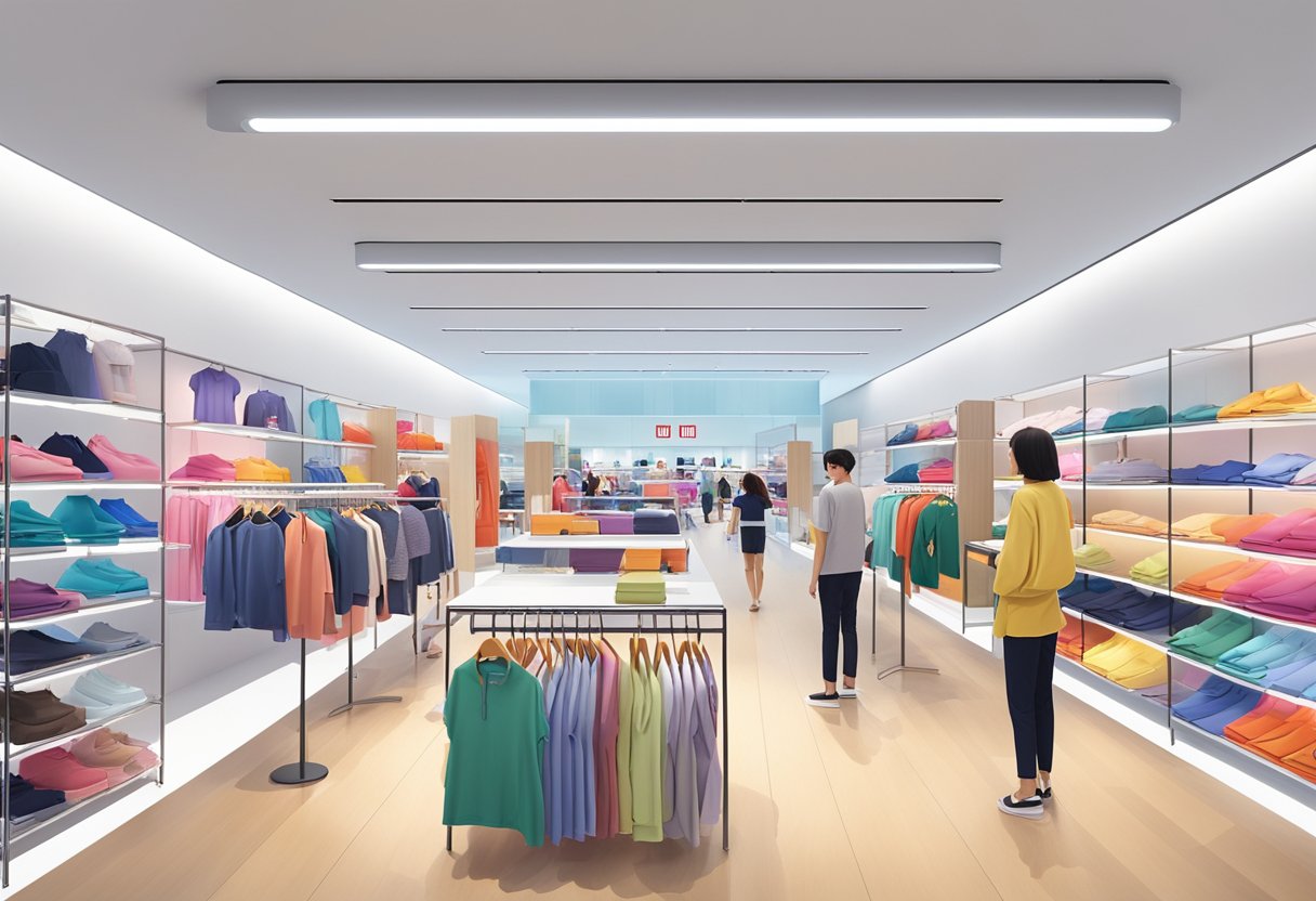 Customers browsing racks of colorful clothing at Uniqlo Singapore outlets. Bright lights illuminate the spacious store, creating a welcoming atmosphere for shoppers