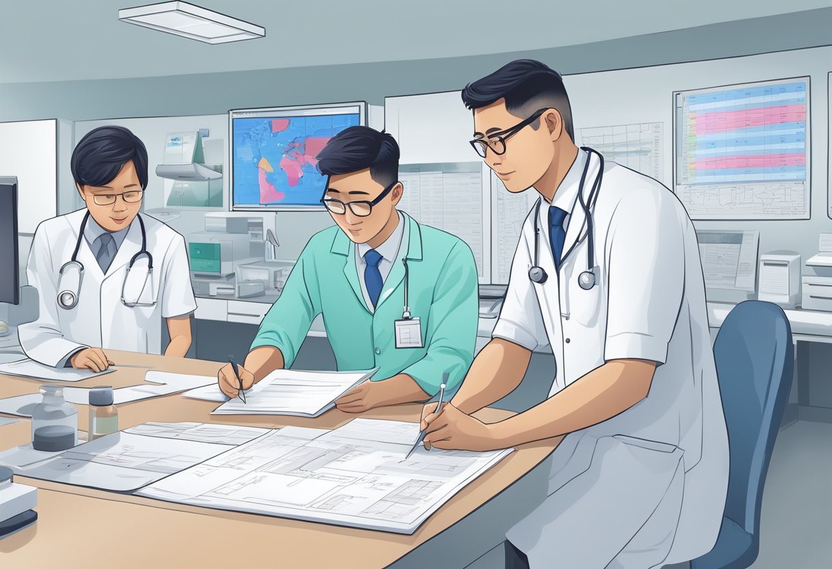 A gastroenterologist in Singapore examines medical charts and consults with colleagues in a modern hospital setting