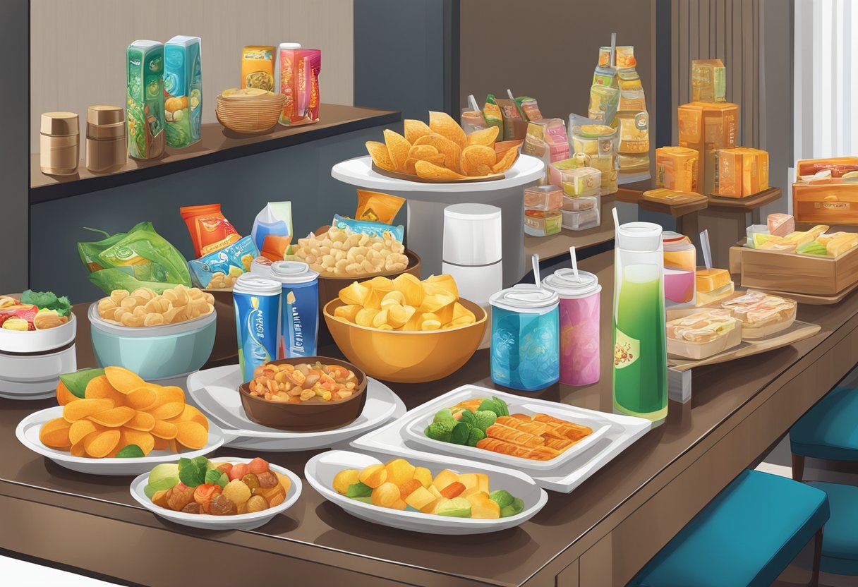 A table filled with various complimentary items, such as snacks, drinks, and toiletries, displayed at a hotel lobby in Singapore