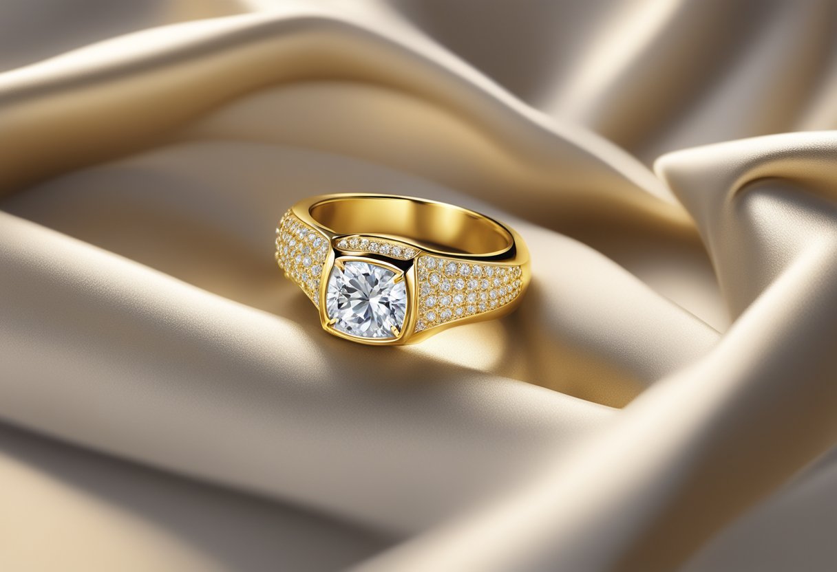 A gleaming gold ring resting on a velvet cushion in a luxurious setting in Singapore