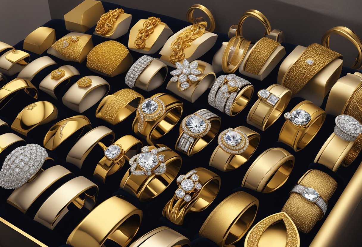 Various gold rings displayed on velvet cushions in a Singapore jewelry store