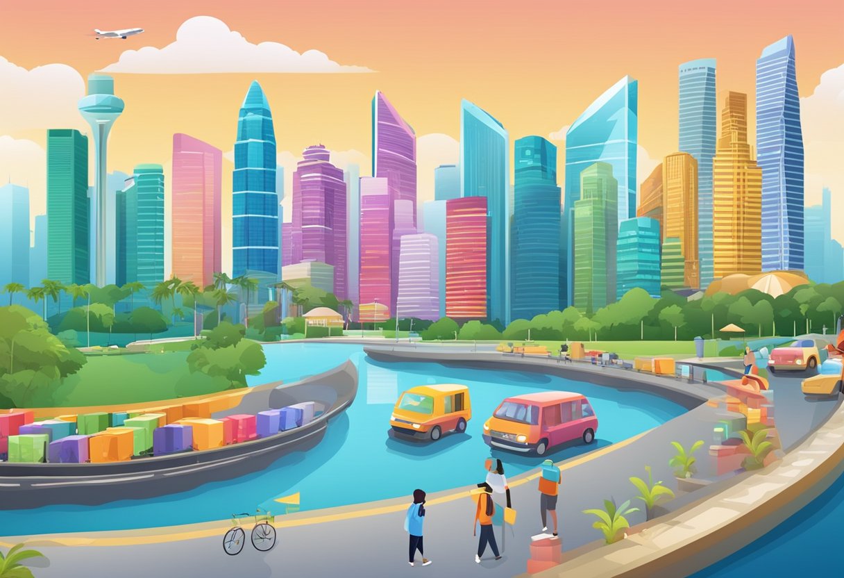 A colorful display of "Frequently Asked Questions" signs with Singapore landmarks in the background