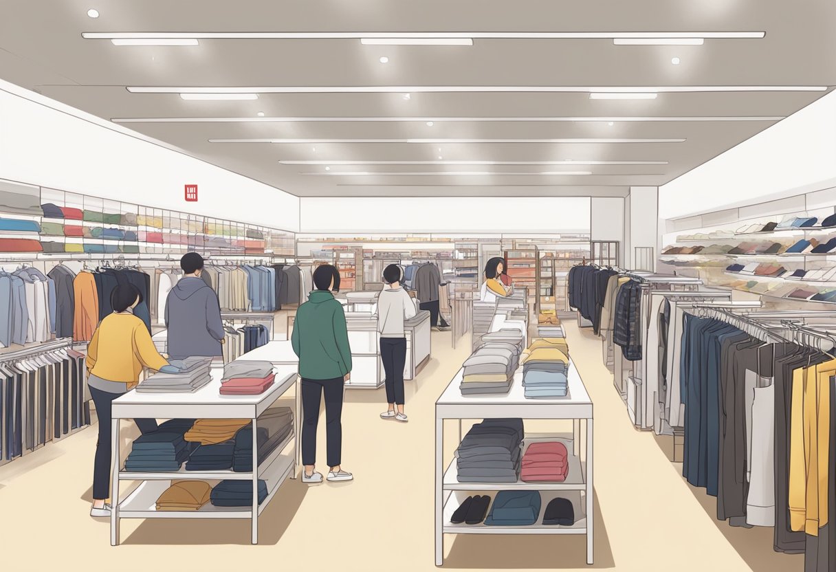 A busy Uniqlo outlet with customers browsing racks and staff assisting. Bright lighting and clean, modern decor