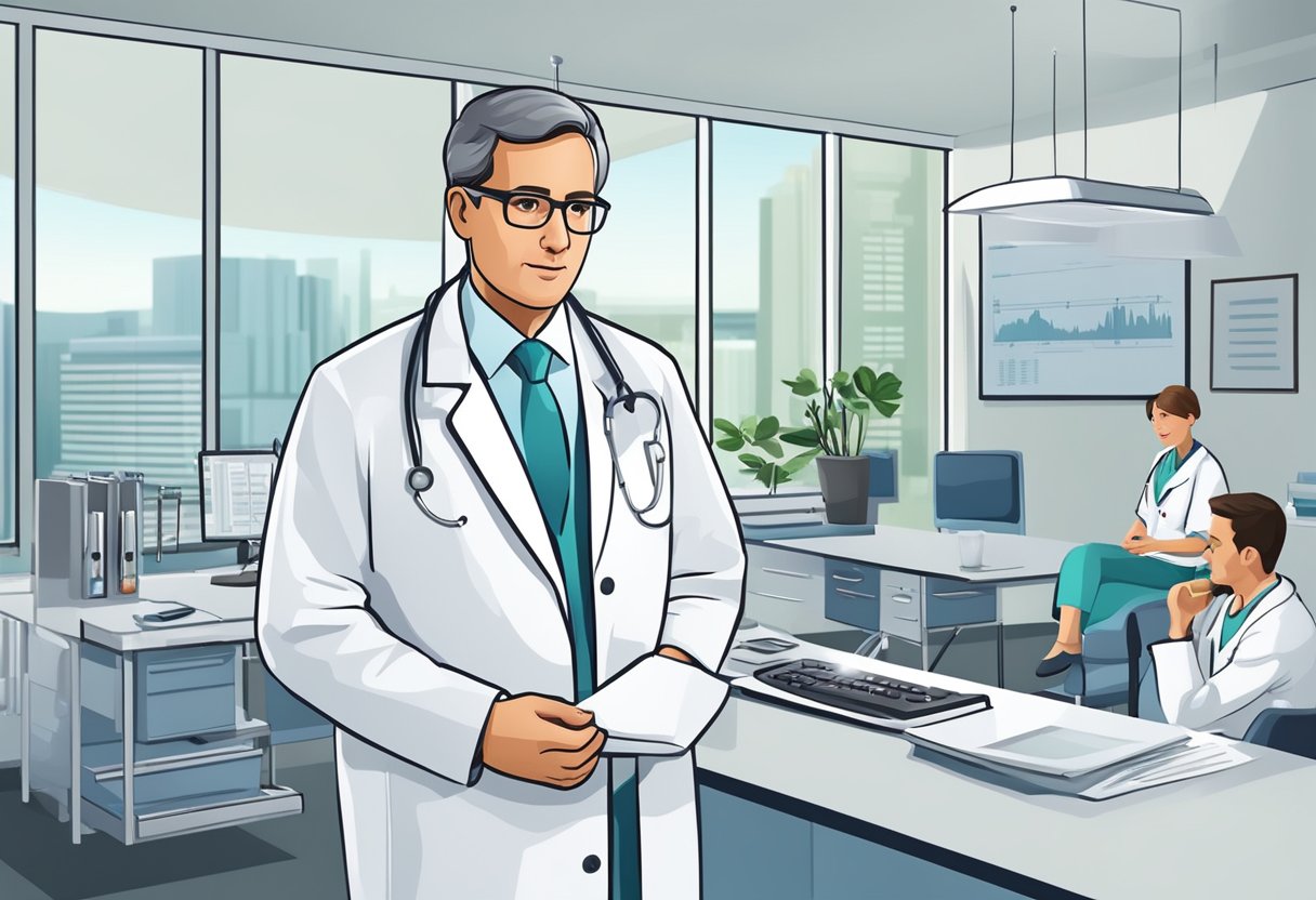 A gastroenterologist answering questions in a modern clinic setting