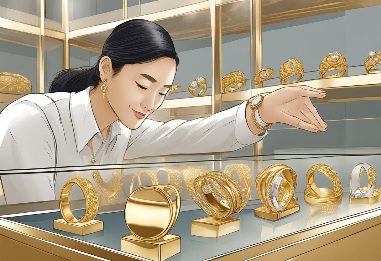 A customer selects gold rings from a display case in a Singapore jewelry store