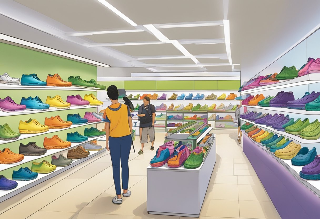 The Crocs store in Singapore bustles with customers browsing colorful displays and trying on various styles. Bright lights and sleek shelves showcase the latest footwear designs