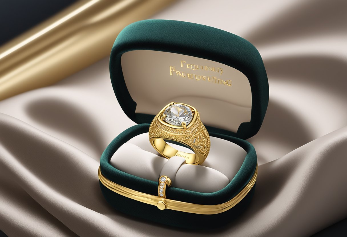 A gold ring with "Frequently Asked Questions" engraved on it, displayed on a luxurious velvet cushion in a jewelry store in Singapore