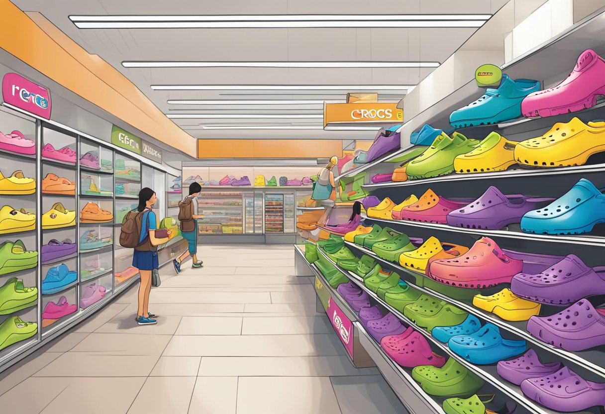 Customers browsing colorful Crocs displays at various store locations in Singapore