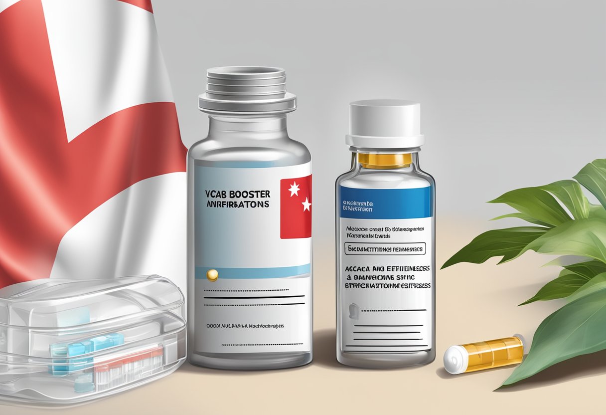 A vial of the 2nd booster shot labeled "Vaccine Information and Effectiveness" with the Singapore flag in the background