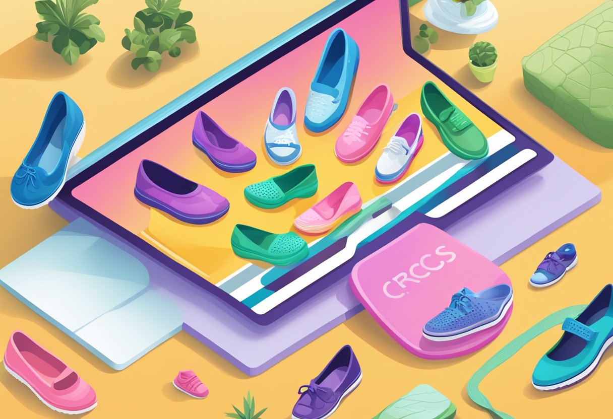 A computer screen displaying the Crocs online store homepage with various colorful shoe options, a search bar, and a shopping cart icon
