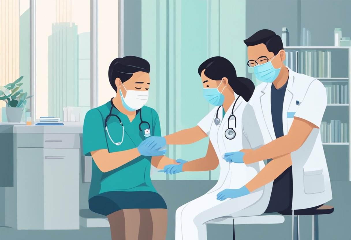 A person receiving a second booster shot in Singapore, with a healthcare professional administering the vaccine in a clinic setting