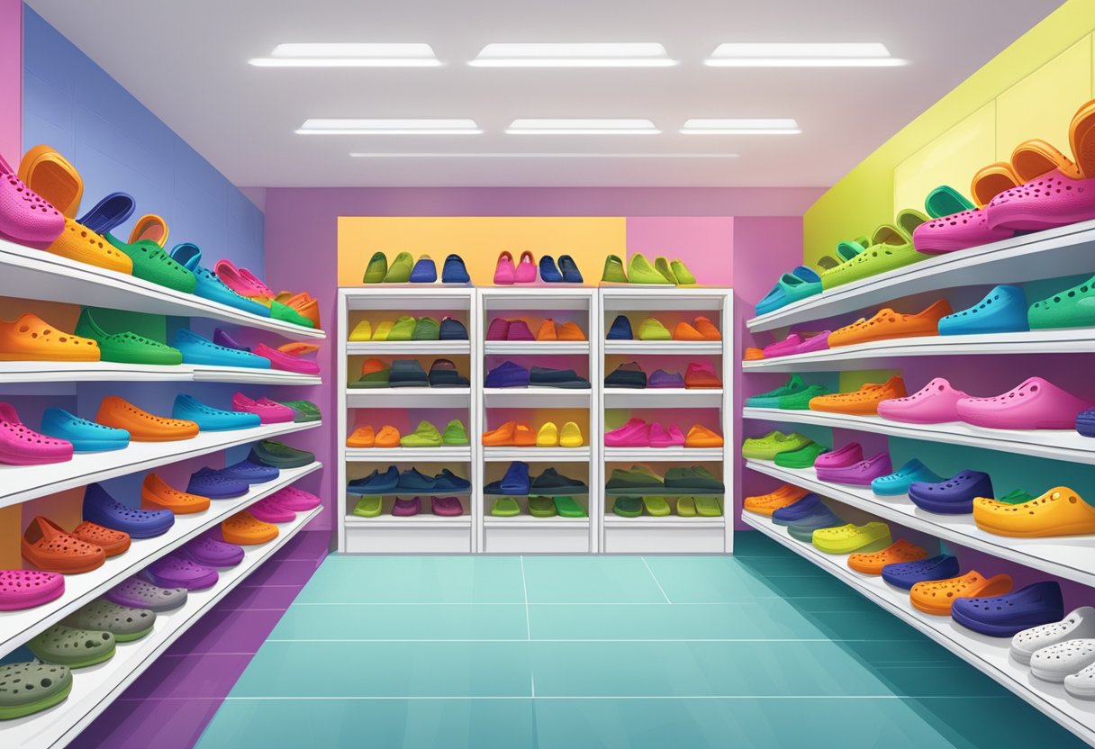 A colorful display of Crocs shoes in a well-lit store, with shelves neatly organized and a prominent "Frequently Asked Questions" sign