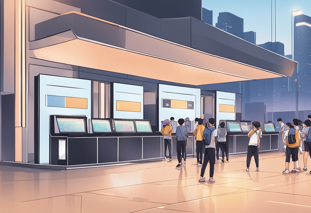 Crowd gathers at ATEEZ concert in Singapore. Ticket booth and merchandise stand set up. Bright lights and stage equipment visible