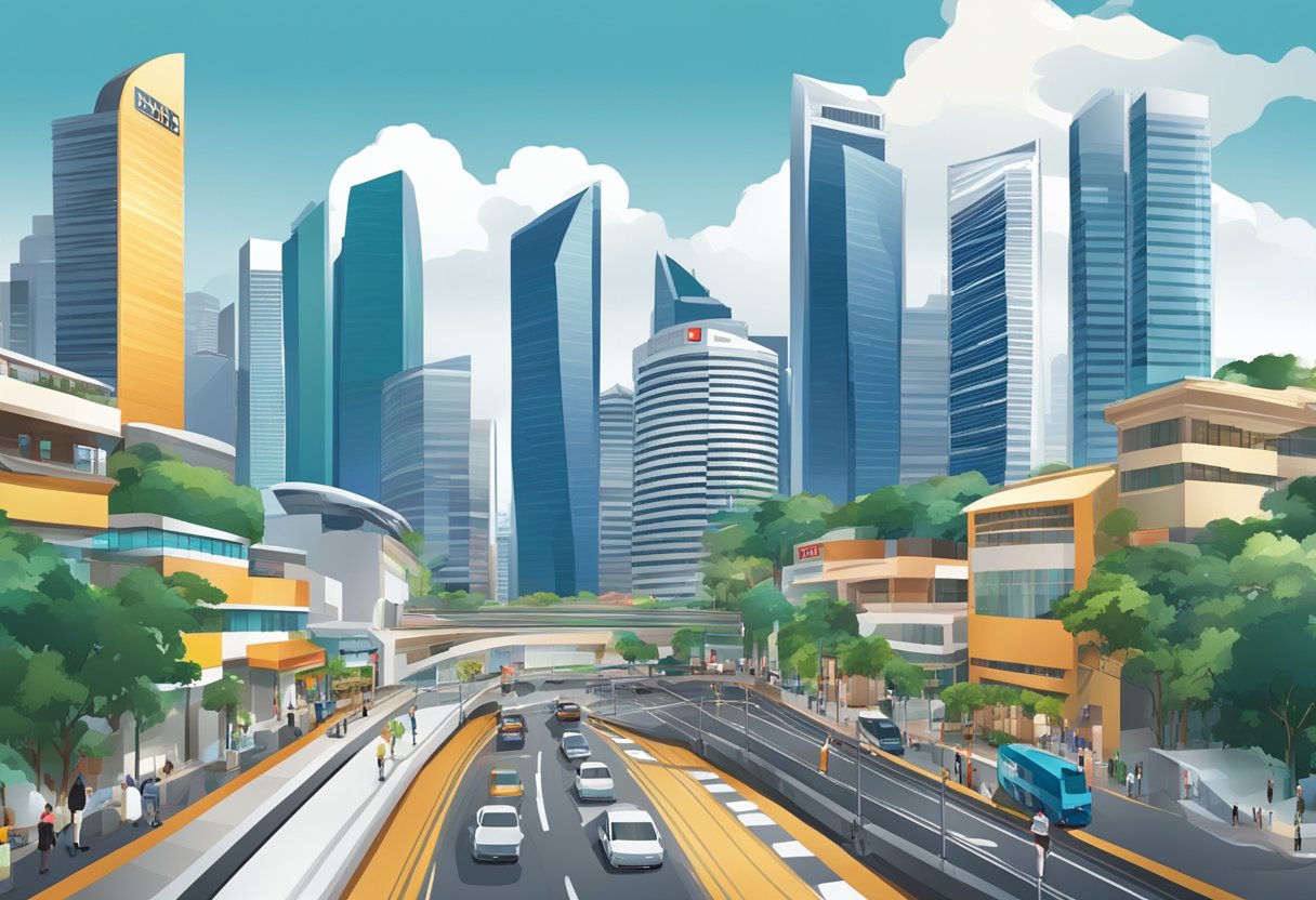 The bustling cityscape of BNI Singapore, with towering skyscrapers, bustling streets, and a mix of modern and traditional architecture