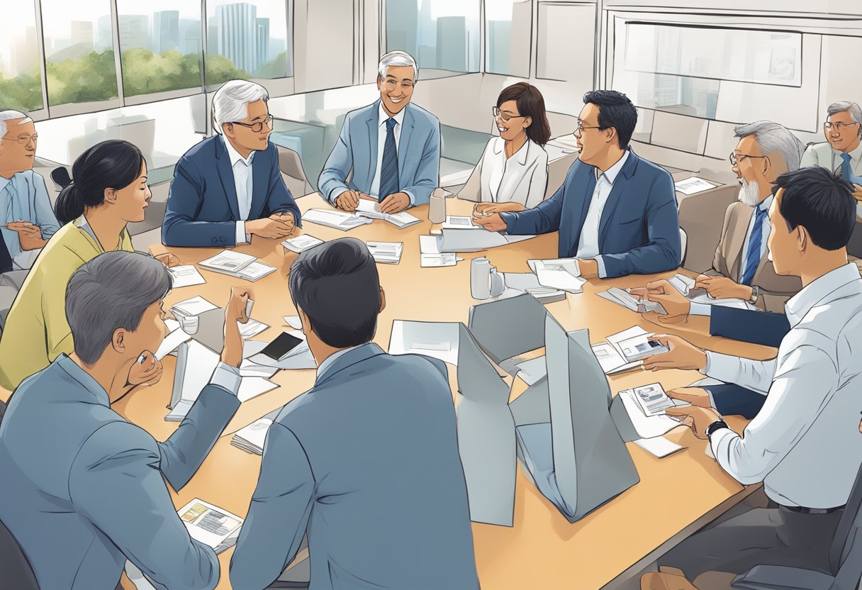 A group of professionals gather in a conference room, exchanging business cards and engaging in lively conversation at a BNI Singapore meeting